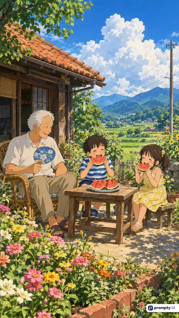 Gambar ini mengusung gaya ilustrasi anime khas Ghibli yang hangat, menampilkan konten seorang kakek dan dua cucunya yang sedang riang memakan semangka segar di teras rumah pedesaan Jepang yang asri, dengan kata kunci pedesaan, musim panas, keluarga, anime, nostalgia, semangka, dan pedesaan Jepang, didominasi oleh warna biru langit, hijau dedaunan, dan cokelat kayu, serta palet warna cerah yang membangkitkan suasana nostalgia masa kecil.