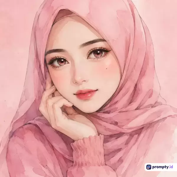 Gambar bergaya ilustrasi cat air digital ini menampilkan potret close-up seorang wanita muda berhijab dengan ekspresi lembut, yang dikayakan dengan kata kunci wanita muslimah, hijab pink, seni cat air, potret estetis, dan ilustrasi digital, serta didominasi oleh warna merah muda (pink), putih, dan cokelat muda.
