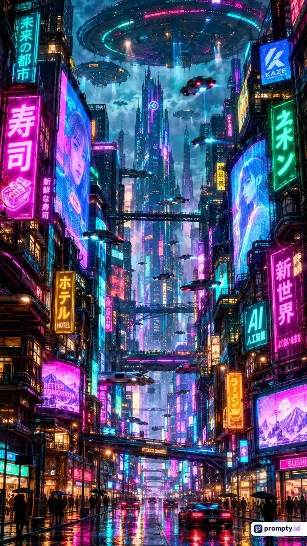 Gambar ber-style ilustrasi digital bergenre cyberpunk ini menampilkan konten pemandangan kota futuristik yang dipenuhi gedung pencakar langit, papan iklan neon raksasa, mobil terbang, dan piringan terbang di langit malam dengan dominasi warna ungu, biru toska, dan hitam, serta mengandung kata kunci kota futuristik, cyberpunk, neon, fiksi ilmiah, UFO, dan malam hari.