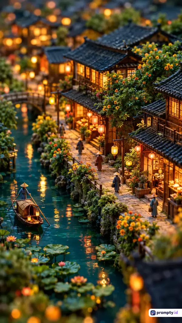 Gambar bergaya diorama miniatur ini menampilkan konten pemukiman Tiongkok kuno di tepi kanal yang hidup dengan tiga warna dominan cokelat kayu, hijau daun, dan jingga lentera, serta memuat kata kunci diorama, miniatur, Tiongkok kuno, kanal, lentera, malam hari, perahu, arsitektur tradisional, dan suasana hangat yang direfleksikan dalam lanskap buatan tangan yang sangat detail.