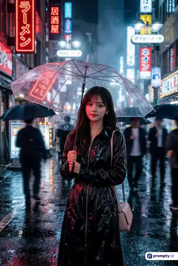 Gambar bergaya sinematik modern ini menampilkan seorang wanita berambut hitam mengenakan jas hujan hitam berkilau sambil memegang payung transparan di tengah jalanan kota Jepang yang basah kuyup saat malam hari, dengan konten urban-street style, tiga warna dominan yaitu hitam, merah, dan biru, serta kata kunci wanita, malam, hujan, payung, neon, dan Jepang.