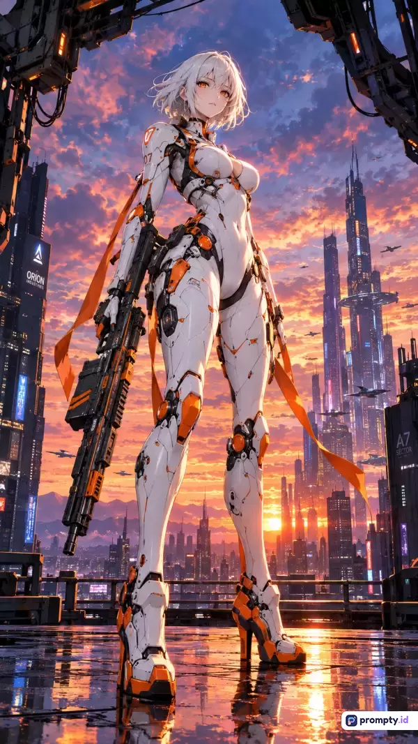 Gambar bergenre *sci-fi anime* ini menampilkan konten karakter wanita berambut putih berbalut armor futuristik oranye-putih yang memegang senjata besar dengan latar belakang lanskap kota masa depan saat senja, diperkaya oleh kata kunci fiksi ilmiah, mecha, dan *cyberpunk*, serta didominasi oleh warna putih, oranye, dan hitam.