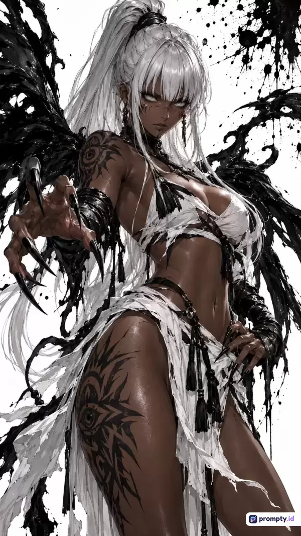 Gambar bergaya anime digital art ini menampilkan karakter wanita fantasi berkulit gelap dengan rambut putih panjang, mengenakan pakaian compang-camping dan sayap hitam menyerupai tinta, dengan kata kunci dark fantasy, anime, wanita, bertato, sayap hitam, dan tiga warna dominan yaitu putih, hitam, serta cokelat gelap.
