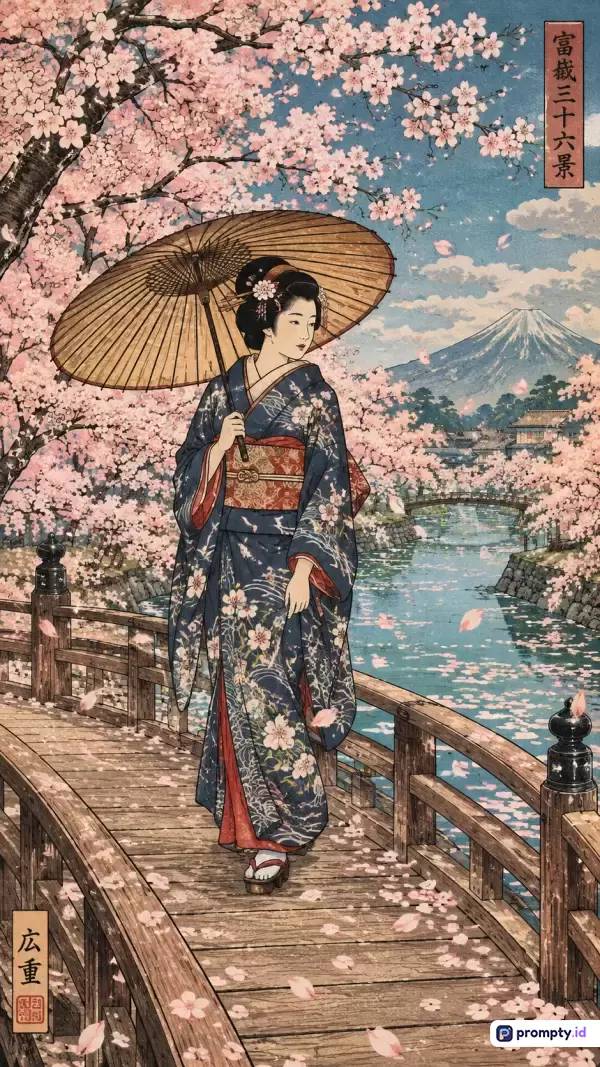 Gambar bergaya ukiyo-e tradisional Jepang ini menampilkan konten seorang wanita berkimono gelap yang berjalan anggun di atas jembatan kayu sambil memegang payung tradisional di bawah naungan bunga sakura yang gugur, dengan latar belakang sungai, Gunung Fuji, dan langit biru, serta menggunakan kata kunci wanita Jepang, kimono, sakura, ukiyo-e, Gunung Fuji, jembatan kayu, payung tradisional, seni klasik, musim semi, lanskap Jepang, yang didominasi oleh warna biru tua, merah muda, dan cokelat kayu.