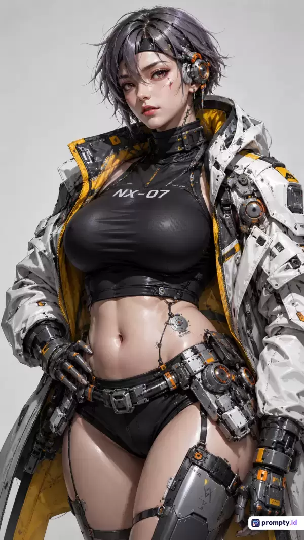 Gambar dengan gaya seni digital anime modern ini menampilkan konten karakter fiksi wanita bergenre cyberpunk yang mengenakan jaket taktis berteknologi tinggi dan pakaian ketat, serta dikaitkan dengan kata kunci fiksi ilmiah, futuristik, waifu, dan mecha, dengan dominasi warna hitam, putih, dan kuning.