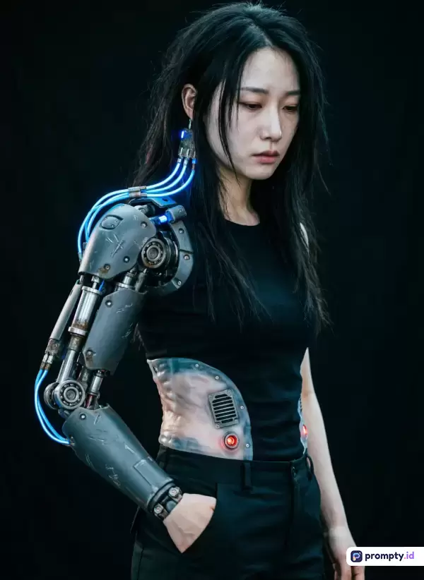 Gambar bergaya sinematik fiksi ilmiah ini menampilkan seorang wanita berambut hitam berwajah melankolis dengan lengan kanan mekanik dan implan sibernetik di pinggang, menggunakan kata kunci wanita cyborg, futuristik, prostetik, sci-fi, dan robotik, dengan palet warna dominan hitam, abu-abu, dan biru menyala.