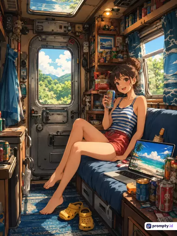 Gambar bergaya anime Ghibli ini menampilkan seorang gadis berambut cokelat ceria di dalam interior kabin kereta retro yang penuh pernak-pernik dan makanan ringan, dengan dominasi warna biru, cokelat, dan kuning yang menciptakan suasana musim panas, serta kaya akan kata kunci seperti gadis anime, estetika vintage, kereta retro, pemandangan luar jendela, laptop, dan suasana liburan yang santai.