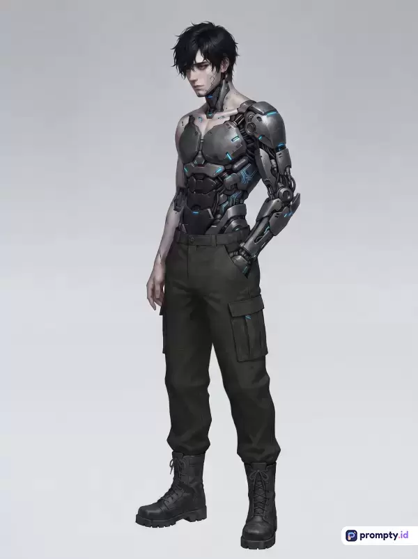 Gambar bergenre ilustrasi digital bergaya *concept art anime-cyberpunk* ini menampilkan konten karakter pria separuh cyborg berambut hitam dengan latar belakang polos, menggunakan kata kunci seperti cyborg, sci-fi, futuristik, karakter anime, dan cyberpunk, serta didominasi oleh tiga warna utama yaitu abu-abu gelap, hitam, dan biru menyala.