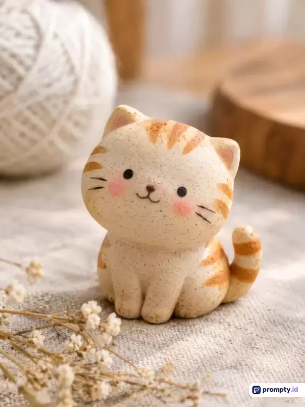 Gambar bergaya foto makro estetik ini menampilkan konten patung keramik kucing belang oranye yang lucu dengan latar belakang kain putih bertekstur, serta menggunakan kata kunci dekorasi rumah, pajangan kucing, kerajinan tangan, dan ornamen imut, dengan tiga warna dominan yaitu krem, oranye kecokelatan, dan putih.