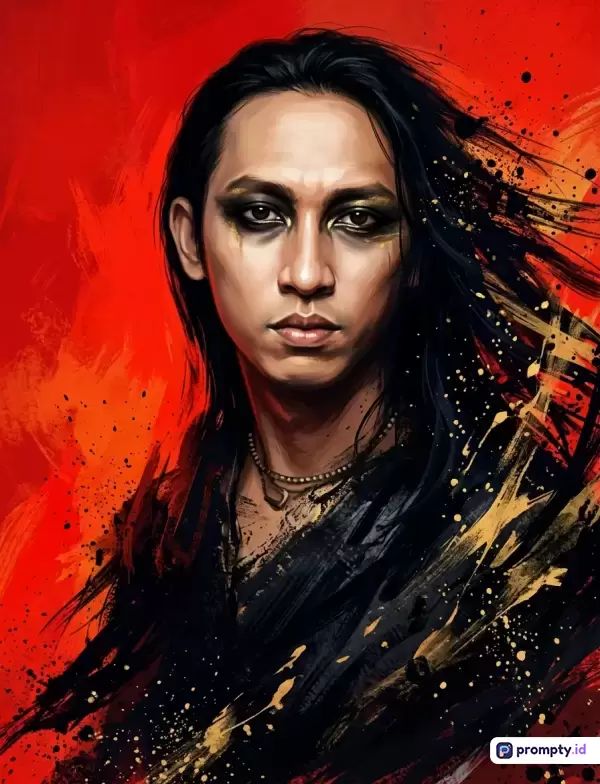 Lukisan digital bergaya ekspresionis ini menampilkan potret pria berambut panjang hitam dengan riasan mata gelap dan latar belakang warna merah menyala, menciptakan nuansa dramatis dan artistik.