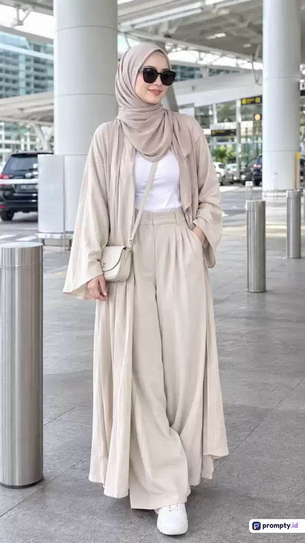 Gambar foto gaya hidup dengan gaya kasual modern ini menampilkan seorang wanita berhijab yang mengenakan setelan pakaian serba krem, termasuk outer, celana panjang lebar, dan hijab senada yang dipadukan dengan kaos putih dan kacamata hitam, berlokasi di area luar ruangan bandara dengan tiga warna dominan yaitu krem, putih, dan abu-abu, serta memiliki kata kunci mode hijab, OOTD bandara, busana kasual, gaya minimalis, dan fesyen muslimah.
