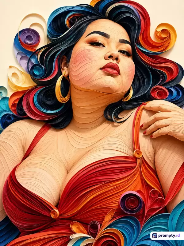Gambar bergaya seni gulungan kertas (*quilling art*) ini menampilkan konten potret seorang wanita bertubuh berisi dengan ekspresi percaya diri, menggunakan kata kunci seni kertas, wanita, potret, estetika, dan warna-warna cerah, dengan tiga warna dominan yaitu merah, biru gelap, dan krem.