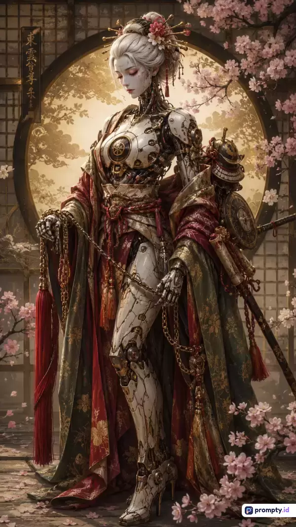 Gambar bergaya seni digital anime futuristik ini menampilkan konten cyborg wanita berambut putih dengan kimono tradisional di latar belakang jendela bundar Jepang dan pohon sakura, menggunakan palet warna dominan putih, merah marun, serta cokelat keemasan, dan diperkaya dengan kata kunci seperti cyberpunk, geisha mekanik, samurai, estetika Jepang, dan sci-fi.
