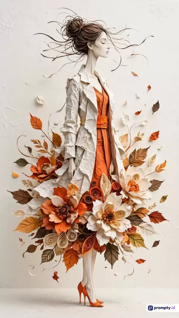 Gambar bergaya seni kertas (*paper art*) dan *quilling* dengan sentuhan digital ini menampilkan konten seorang wanita elegan bergaun oranye dan mantel putih yang dikelilingi dedaunan musim gugur, serta menggunakan palet warna dominan putih, oranye, dan cokelat, dengan kata kunci: seni kertas, wanita, musim gugur, mode, elegan, oranye, putih, cokelat.