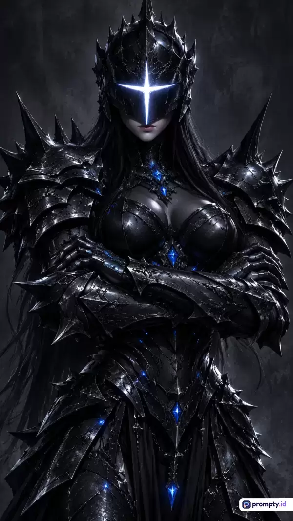 Gambar bergaya digital art fantasi gelap ini menampilkan konten ksatria wanita tangguh berarmor hitam berduri tajam dengan helm bercahaya salib putih, menggunakan kata kunci kesatria hitam, armor fantasi, dan prajurit wanita, serta didominasi oleh warna hitam, abu-abu gelap, dan biru terang.