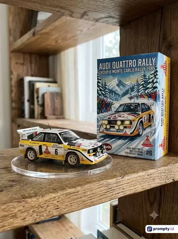 Foto produk bergaya realistis dengan pencahayaan alami ini menampilkan model die-cast mobil reli Audi Quattro S1 skala 1/43 berwarna putih-kuning di sebelah kotak kemasannya yang bergambar pemandangan salju pegunungan, diletakkan di atas rak kayu dengan dominasi warna cokelat, putih, dan biru, serta menggunakan kata kunci koleksi die-cast, Audi Quattro, rally 1985, Walter Rohrl, mainan miniatur, dan dekorasi ruangan.