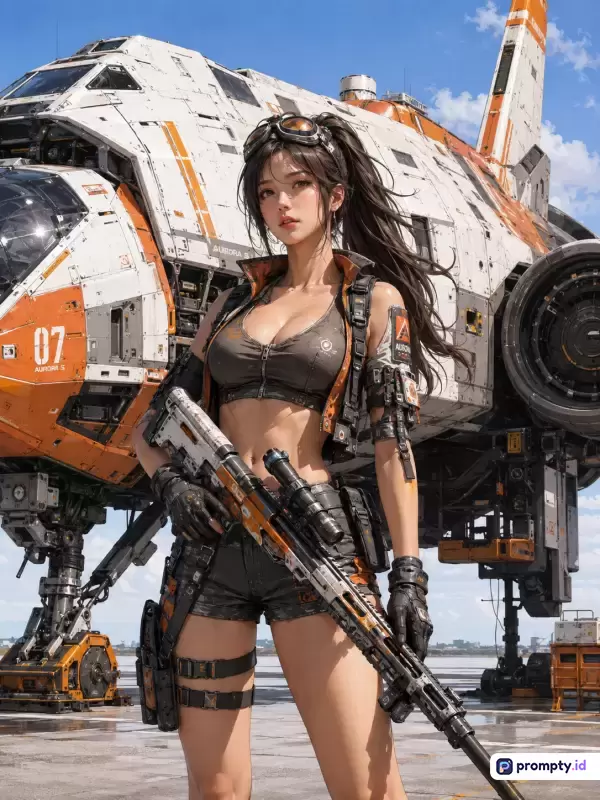 Gambar bergaya ilustrasi digital anime fiksi ilmiah ini menampilkan seorang wanita berambut hitam panjang mengenakan pakaian taktis sambil memegang senapan sniper di depan pesawat luar angkasa putih beraksen oranye, dengan dominasi warna putih, oranye, dan hitam, serta kata kunci fiksi ilmiah, astronot wanita, senapan sniper, kapal luar angkasa, pakaian taktis, gaya anime, dan futuristik.