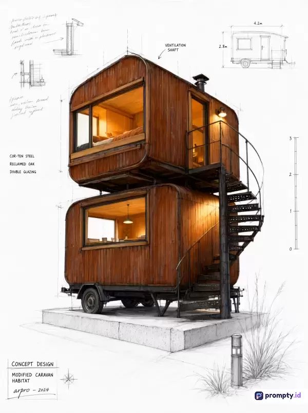 Gambar ini menampilkan desain konsep arsitektur rumah karavan bertingkat dua bergaya sketsa teknik dengan dominasi warna cokelat kayu, hitam besi, dan putih latar, serta kata kunci arsitektur modular, rumah mikro, karavan modifikasi, desain berkelanjutan, dan sketsa teknik.