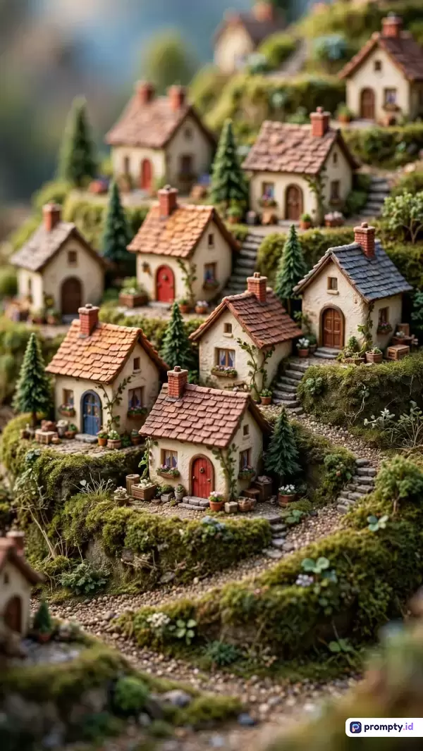 Gambar digital bergaya diorama miniatur ini menampilkan konten desa lereng bukit yang asri dengan kata kunci miniatur desa, bukit berlumut, rumah-rumah pedesaan, pohon cemara, dan tangga batu, didominasi oleh warna hijau lumut, cokelat terakota, dan krem lembut.