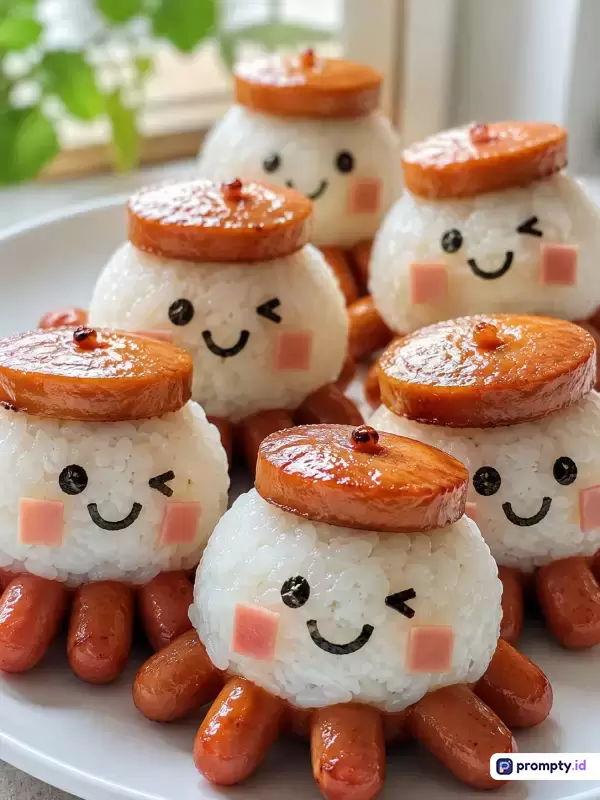 Gambar bergaya fotografi makanan lucu ini menampilkan kreasi bento onigiri berbentuk karakter gurita menggemaskan dengan topi sosis, menggunakan kata kunci nasi, bento, onigiri, sosis, gurita, lucu, makanan anak, estetika, dan berwarna dominan putih, oranye, serta merah muda.