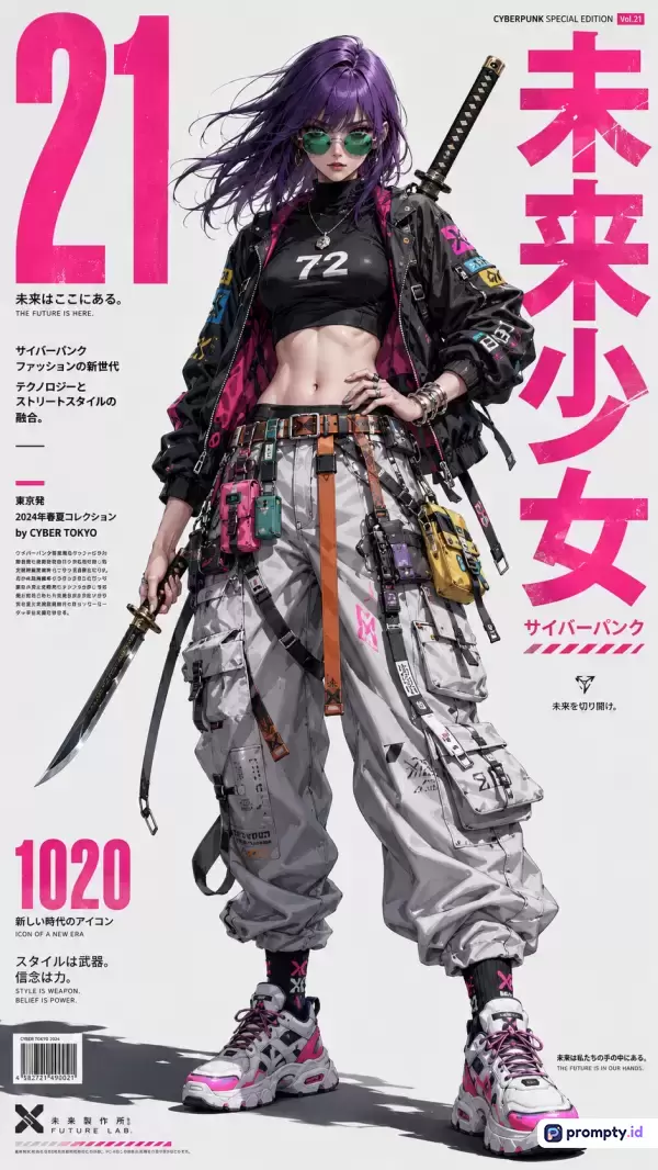 Gambar bergaya ilustrasi majalah anime cyberpunk ini menampilkan karakter wanita berambut ungu dengan katana, pakaian streetwear futuristik, dan teks Jepang, yang menggunakan kata kunci fiksi ilmiah, mode masa depan, dan samurai modern, dengan tiga warna dominan yaitu merah muda terang, hitam, dan putih.