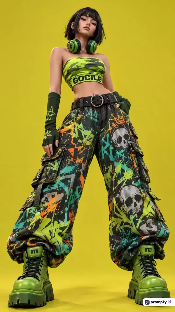 Gambar bergaya digital art modern ini menampilkan seorang wanita berambut pendek bergaya street fashion mengenakan crop top hijau, celana kargo bermotif tengkorak dan grafiti, sarung tangan, serta sepatu bot platform hijau berlatar belakang kuning cerah, dengan kata kunci fashion, grafiti, cyberpunk, edgy, dan modern, yang didominasi oleh warna hijau neon, hitam, dan kuning.