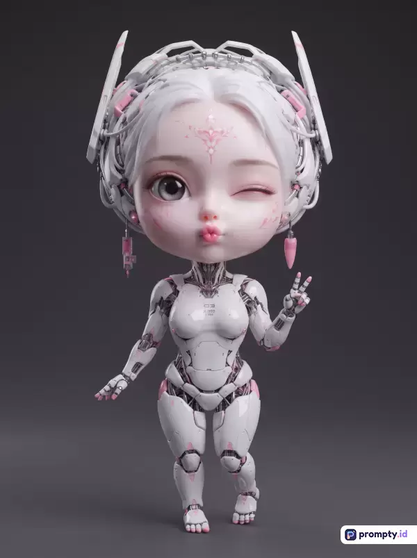Gambar bergaya 3D render digital chibii sci-fi menampilkan karakter android wanita berambut putih dengan aksen merah muda dan putih dominan, menggunakan kata kunci robot, futuristik, imut, dan cyborg, serta memiliki 3 warna dominan yaitu putih, abu-abu gelap, dan merah muda.