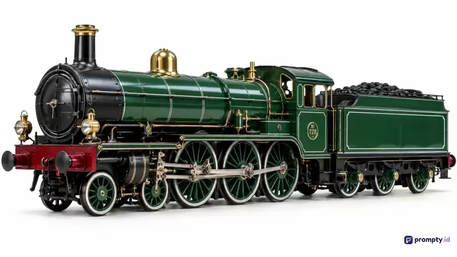 Gambar bergaya fotografi produk profesional dengan latar belakang putih ini menampilkan model miniatur lokomotif uap klasik bergaya vintage berwarna hijau tua, hitam, dan emas, yang sangat cocok digunakan sebagai kata kunci untuk koleksi mainan antik, transportasi retro, hobi diecast, dan sejarah kereta api.