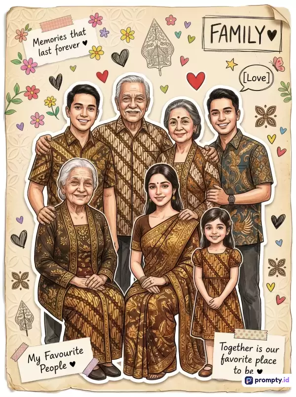 Gambar ilustrasi bergaya scrap-book vintage ini menampilkan potret keluarga bahagia beranggotakan tujuh orang yang mengenakan pakaian tradisional batik Indonesia, dikelilingi oleh elemen dekoratif seperti hati, bunga, dan teks FAMILY, dengan tiga warna dominan yaitu cokelat tua, krem, dan kuning keemasan, serta kata kunci keluarga, batik, tradisional, vintage, dan ilustrasi.
