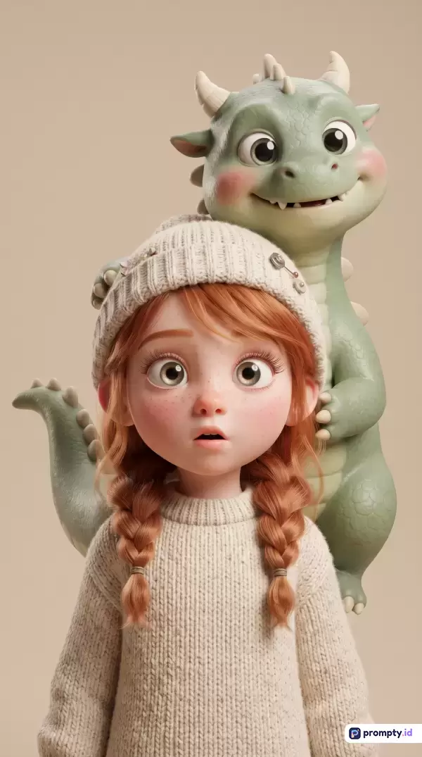 Gambar bergaya 3D digital render ini menampilkan konten seorang anak perempuan berambut kepang merah dengan sweter rajut putih dan topi kupluk serta naga hijau ramah bersahabat, yang dikurasi dengan kata kunci anak perempuan, naga kecil, persahabatan, animasi 3D, dan imut, didominasi oleh palet warna hijau sage, krem hangat, dan jingga tembaga.
