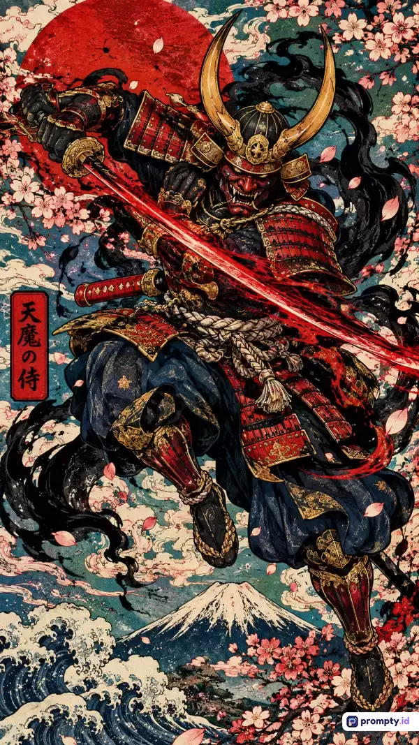 Gambar bergaya ilustrasi ukiyo-e modern ini menampilkan konten sesosok samurai iblis bertanduk emas yang sedang melompat dinamis dengan katana merah menyala di tengah latar belakang matahari merah, Gunung Fuji, dan bunga sakura, serta diperkaya dengan kata kunci samurai, jepang, iblis, pedang, dan seni, dengan palet tiga warna dominan yaitu merah, hitam, dan biru tua.