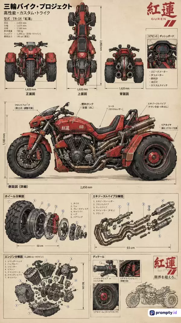 Gambar teknik bergaya ilustrasi konseptual anime futuristik ini menampilkan skema blueprint sepeda motor roda tiga berwarna merah marun, hitam, dan krem dengan kata kunci desain futuristik, skema teknis, trike, mesin, dan komponen, serta tiga warna dominan yaitu merah marun, hitam, dan krem.