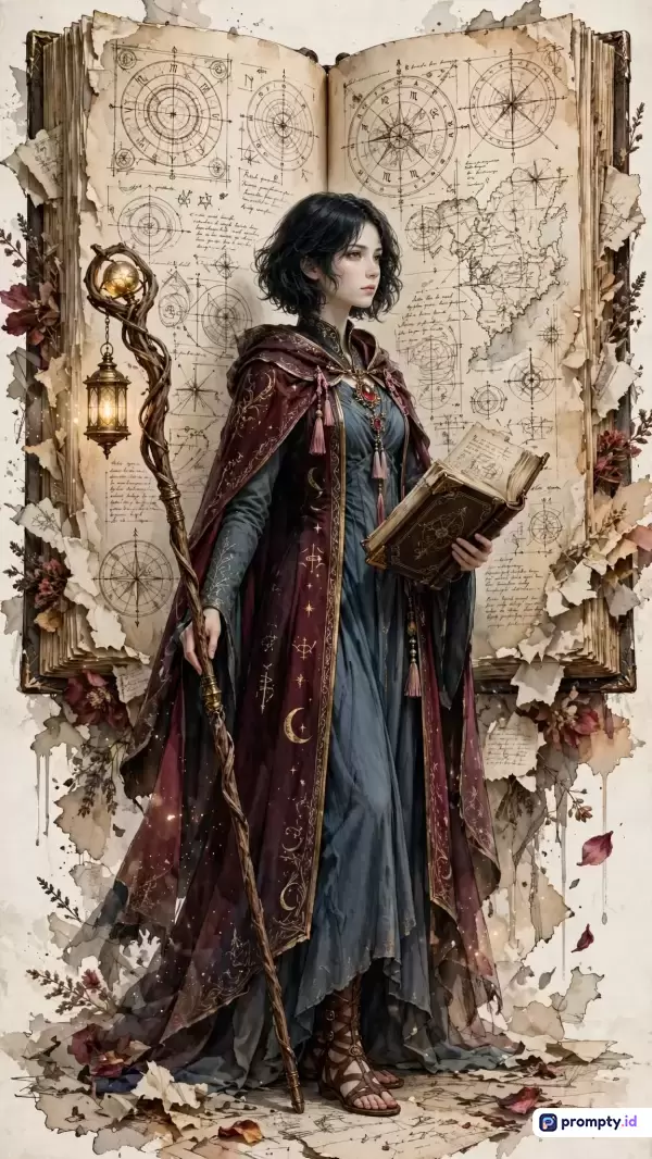 Gambar dengan gaya ilustrasi fantasi bergaya anime ini menampilkan seorang wanita berambut hitam pendek yang mengenakan jubah merah anggun dan gaun abu-abu, memegang tongkat bercahaya serta buku kuno di depan latar belakang halaman buku raksasa penuh peta astrologi dan sketsa kuno, dengan dominasi warna merah anggun, cokelat tua, dan abu-abu, serta kata kunci: penyihir wanita, fantasi, buku sihir, peta kuno, astronomi, tongkat sihir, jubah merah, estetika vintage, ilustrasi digital.