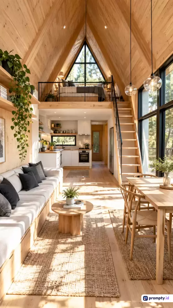 Gambar bergaya fotografi interior modern minimalis ini menampilkan ruang tamu, dapur, dan kamar tidur loteng berkonsep kabin A-frame dengan konten furnitur kayu terang, tanaman hias gantung, jendela kaca besar, karpet jerami, serta pencahayaan alami cerah, yang memiliki kata kunci interior kabin, rumah minimalis, desain A-frame, dekorasi kayu, ruang tamu terbuka, dan didominasi oleh warna cokelat kayu, putih bersih, serta hitam minimalis.