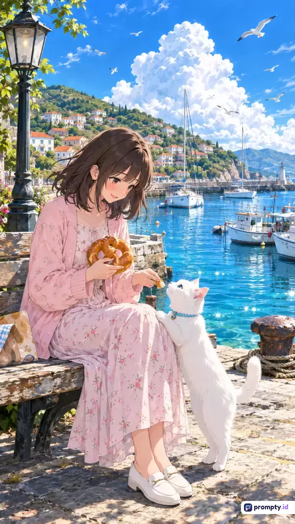 Gambar bergaya anime cerah ini menampilkan konten seorang gadis berambut cokelat mengenakan gaun merah muda yang sedang memberi makan kucing putih di tepi dermaga tepi laut yang indah dengan latar belakang kota bukit Mediterania, kapal-kapal, dan awan cumulus raksasa, serta memiliki tiga warna dominan yaitu biru cerah, merah muda pastel, dan putih bersih, dengan kata kunci gadis anime, kucing putih, dermaga laut, kota Mediterania, dan hari musim panas.
