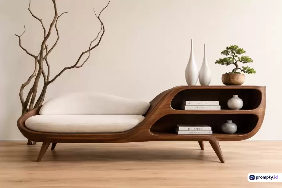 Gambar dengan gaya fotografi interior modern minimalis menampilkan sofa kayu melengkung berpadu rak dan bantalan putih, dihiasi tanaman bonsai serta ranting kering estetik, dengan kata kunci desain interior, furnitur kayu, minimalis, modern, organik, dan skandinavia, menggunakan palet warna dominan cokelat kayu, krem, dan putih.