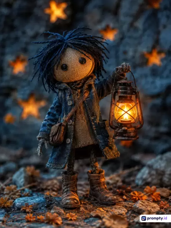 Gambar ini menampilkan boneka kain bergaya stop-motion fantasi gelap yang sedang memegang lentera menyala di tengah latar belakang malam berbintang dengan dominasi warna biru gelap, cokelat tanah, dan oranye terang, serta kata kunci boneka kain, lentera, fantasi gelap, malam, bintang.