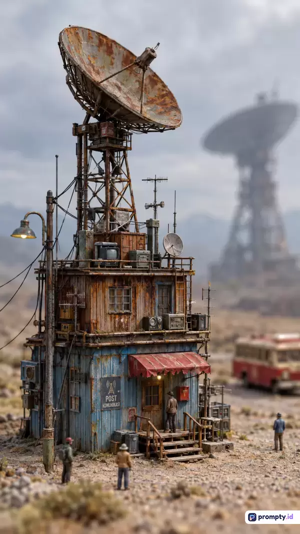 Gambar bergaya diorama miniatur fotorealistik ini menampilkan pos komunikasi post-apokaliptik berkarat di gurun pasir tandus dengan latar belakang menara satelit raksasa, menggunakan kata kunci diorama, pos komunikasi, pasca-apokaliptik, miniatur, dan fiksi ilmiah, didominasi warna cokelat karat, biru usang, dan abu-abu berdebu.