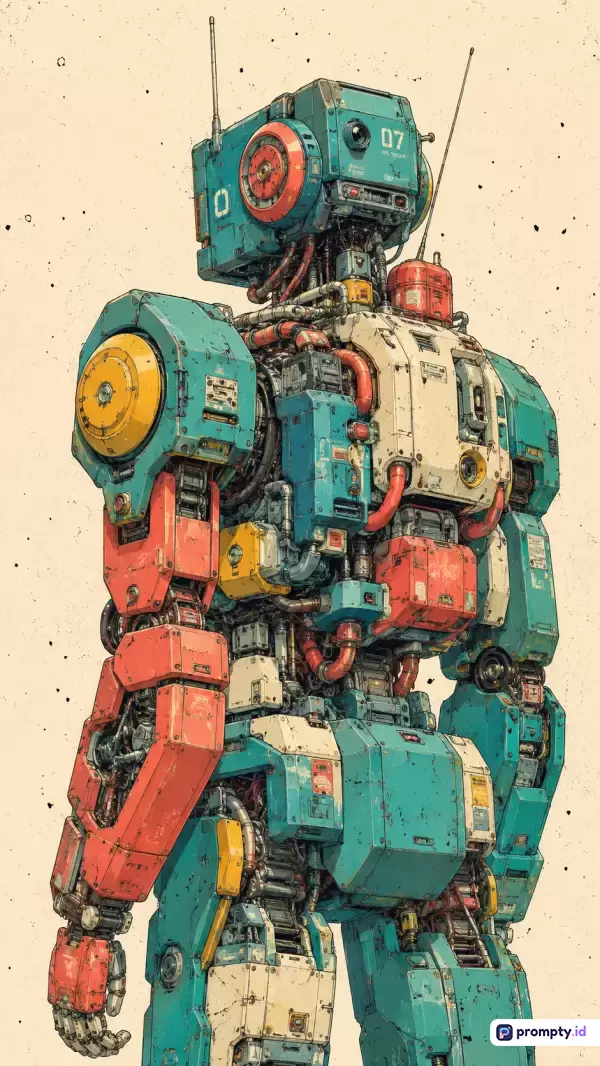 Gambar bergaya ilustrasi retro-futuristik bergenre fiksi ilmiah ini menampilkan konten robot mecha mekanis berteknologi tinggi dengan kabel dan antena kompleks, menggunakan kata kunci robot, mecha, fiksi ilmiah, retro, mesin, dan industri, didominasi oleh warna toska, jingga, dan putih krem, serta diperkaya dengan kata kunci tambahan berupa futuristik, ilustrasi, teknik, dan vintage.