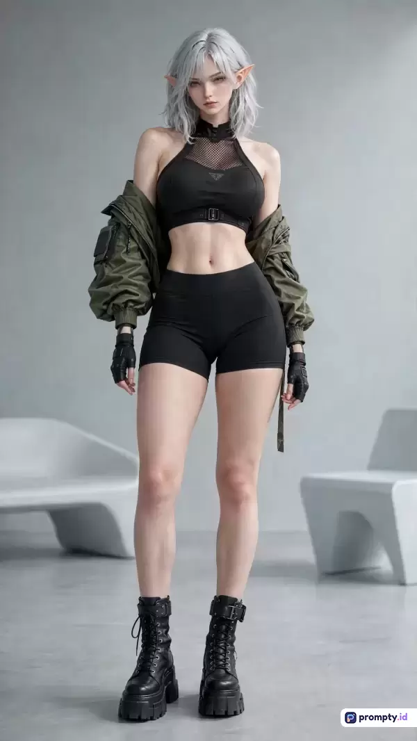 Gambar bergaya digital art modern ini menampilkan konten seorang wanita elf futuristik berambut perak dengan pakaian serba hitam dan jaket militer hijau, menggunakan kata kunci sci-fi, elf, cyberpunk, fashion, dan modern, serta memiliki tiga warna dominan yaitu hitam, hijau zaitun, dan abu-abu.