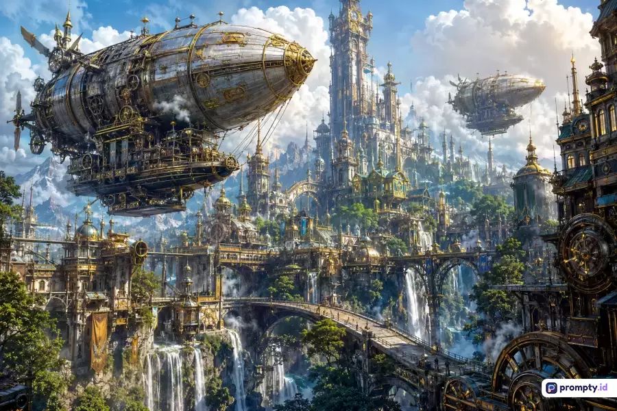 Gambar dengan gaya digital art bergenre steampunk fantasi ini menampilkan konten kota megah bergaya Victoria yang melayang dan dipenuhi menara, air terjun, serta kapal udara raksasa, dengan kata kunci: steampunk, fantasi, kota langit, kapal udara, arsitektur Victoria, petualangan, epik, utopia, teknologi retro, dan langit berawan, serta didominasi oleh tiga warna utama yaitu biru langit, abu-abu metalik, dan emas kecokelatan.