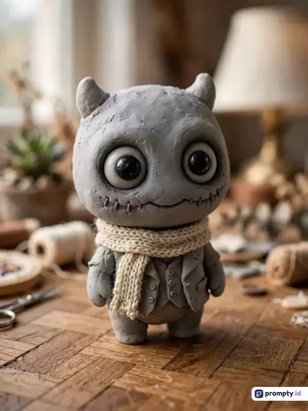 Gambar bergaya seni pahat tanah liat dengan teknik stop-motion ini menampilkan boneka monster abu-abu bertanduk bermata besar berbalut syal rajut krem yang berdiri di atas meja kayu dengan latar belakang kamar bernuansa hangat, serta menggunakan palet warna abu-abu, krem, dan cokelat, dengan kata kunci boneka tanah liat, monster imut, seni kerajinan tangan, dan dekorasi kreatif.