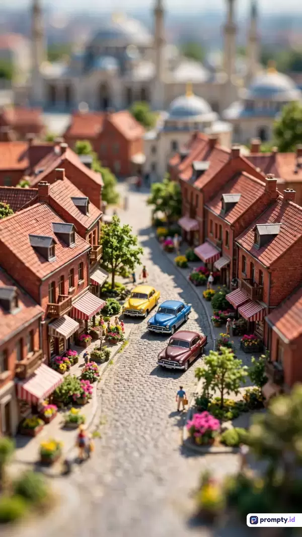 Gambar fotografi makro bergaya *tilt-shift* ini menampilkan konten miniatur pemandangan kota Eropa klasik dengan jalanan berbatu yang dilewati mobil-mobil antik, serta dihiasi bangunan beratap merah dan bunga-bunga cerah, dengan dominasi warna merah bata, hijau daun, dan abu-abu batu, serta kata kunci diorama, miniatur kota, arsitektur Eropa, mobil antik, fotografi makro, dan *tilt-shift*.
