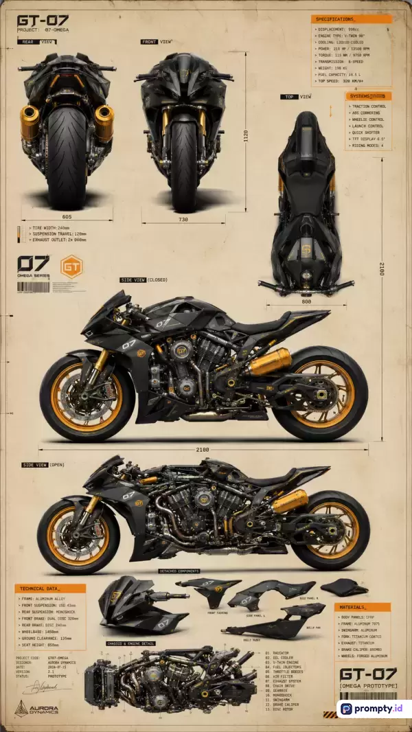 Gambar ini merupakan poster cetak biru teknis (*blueprint*) bergaya futuristik yang menampilkan sepeda motor sport hitam bermotif emas dengan berbagai sudut pandang, spesifikasi teknis, serta komponen terpisah di atas latar belakang kertas usang berwarna krem, dengan kata kunci desain konsep, sepeda motor, prototipe, teknis, dan mekanik, serta didominasi oleh tiga warna utama yaitu hitam, emas, dan krem.