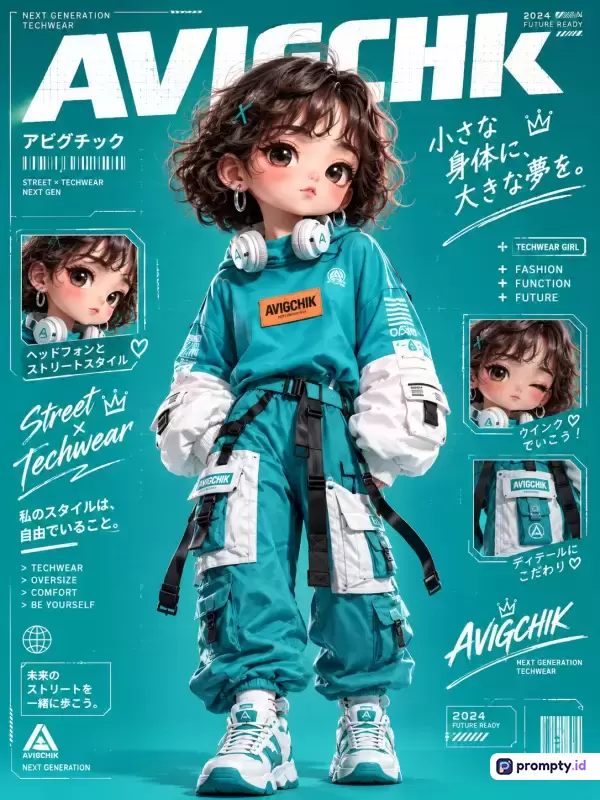 Gambar dengan gaya digital art 3D bergaya majalah fiktif ini menampilkan konten karakter anak perempuan bermata besar mengenakan pakaian techwear futuristik bernuansa warna toska, putih, dan hitam, serta dilengkapi kata kunci avigchik, techwear, fashion, street style, dan future.