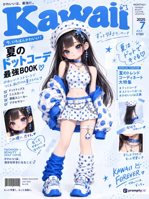 Gambar digital bergaya majalah fashion Jepang ini menampilkan ilustrasi karakter anime wanita berambut hitam panjang dengan pakaian jalanan bertema polka dot biru-putih, memuat kata kunci seperti Kawaii, fashion, musim panas, dan Jepang, dengan dominasi warna biru, putih, dan hitam.
