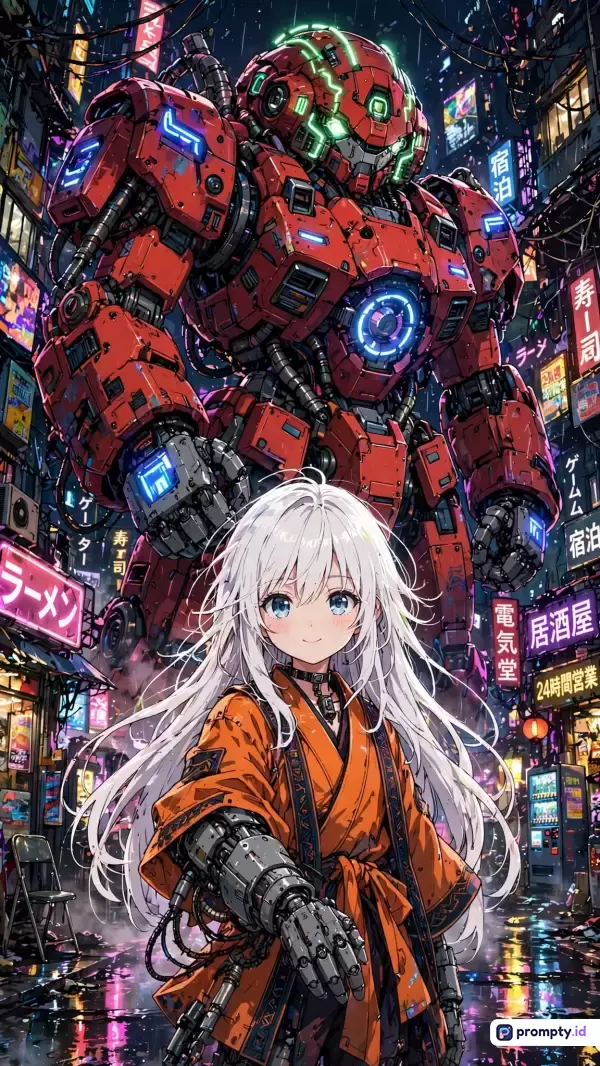 Gambar bergaya anime digital ini menampilkan seorang gadis berambut putih dengan lengan sibernetik mengenakan kimono oranye, berdiri di depan mecha raksasa berwarna merah berteknologi tinggi berlatar perkotaan cyberpunk malam hari yang dipenuhi lampu neon, dengan kata kunci: anime, sci-fi, mecha, cybernetik, cyberpunk, gadis berambut putih, robot raksasa, neon, perkotaan; dan tiga warna dominan yaitu merah, oranye, dan biru tua.