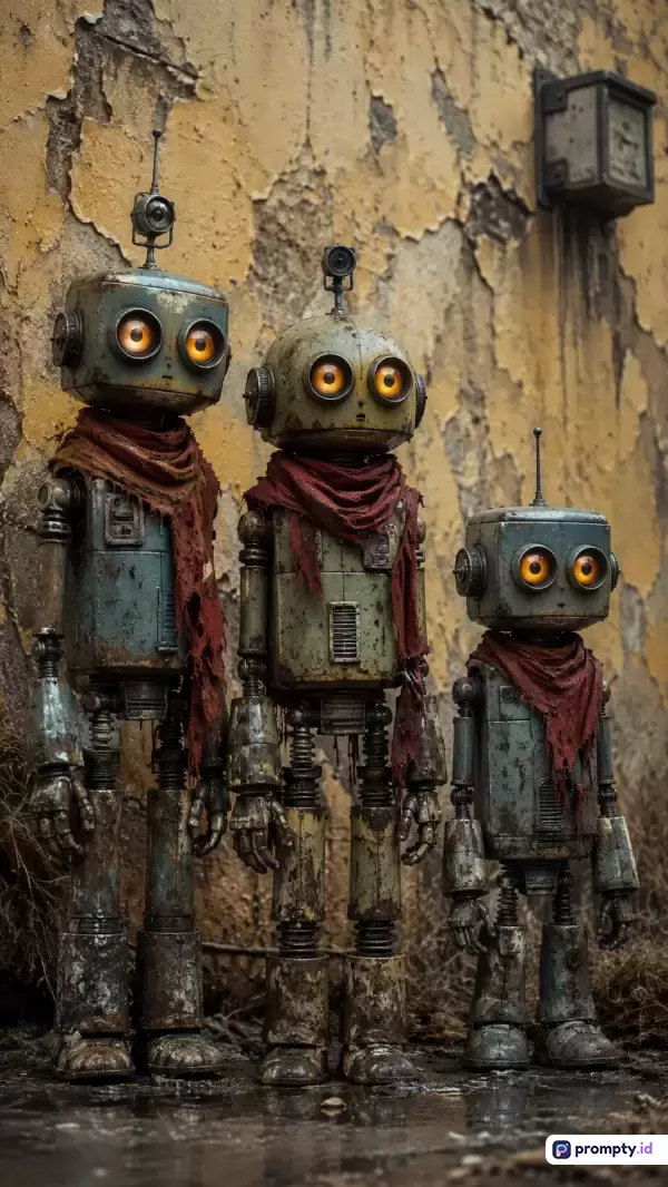 Gambar bergaya sinematik realistis ini menampilkan tiga robot bergaya vintage berkarat dengan mata menyala kuning terang dan mengenakan syal merah compang-camping, berdiri berdampingan berlatar dinding tembok tua yang terkelupas, menggunakan palet warna dominan cokelat tanah, hijau zaitun, dan abu-abu metalik, dengan kata kunci robot retro, pasca-apokaliptik, dan fiksi ilmiah.