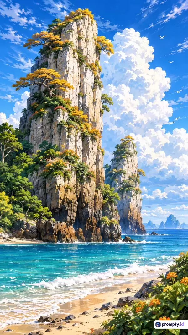 Gambar dengan gaya ilustrasi anime digital ini menampilkan konten tebing karst megah berbalut vegetasi hijau dan pohon berdaun kuning di tepi pantai tropis, dengan kata kunci pemandangan alam, tebing batu, laut biru, pantai pasir putih, awan kumulus, dan burung terbang, serta didominasi oleh tiga warna utama yaitu biru langit, putih awan, dan hijau-kuning vegetasi.