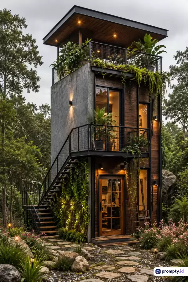 Gambar bergaya arsitektur modern industrial tropis ini menampilkan rumah bertingkat unik di tengah hutan lebat dengan konten hunian minimalis eco-friendly, menggunakan kata kunci rumah pohon modern, arsitektur hijau, desain industrial, dan hunian alam, serta didominasi oleh warna hijau daun, cokelat kayu, dan abu-abu semen.